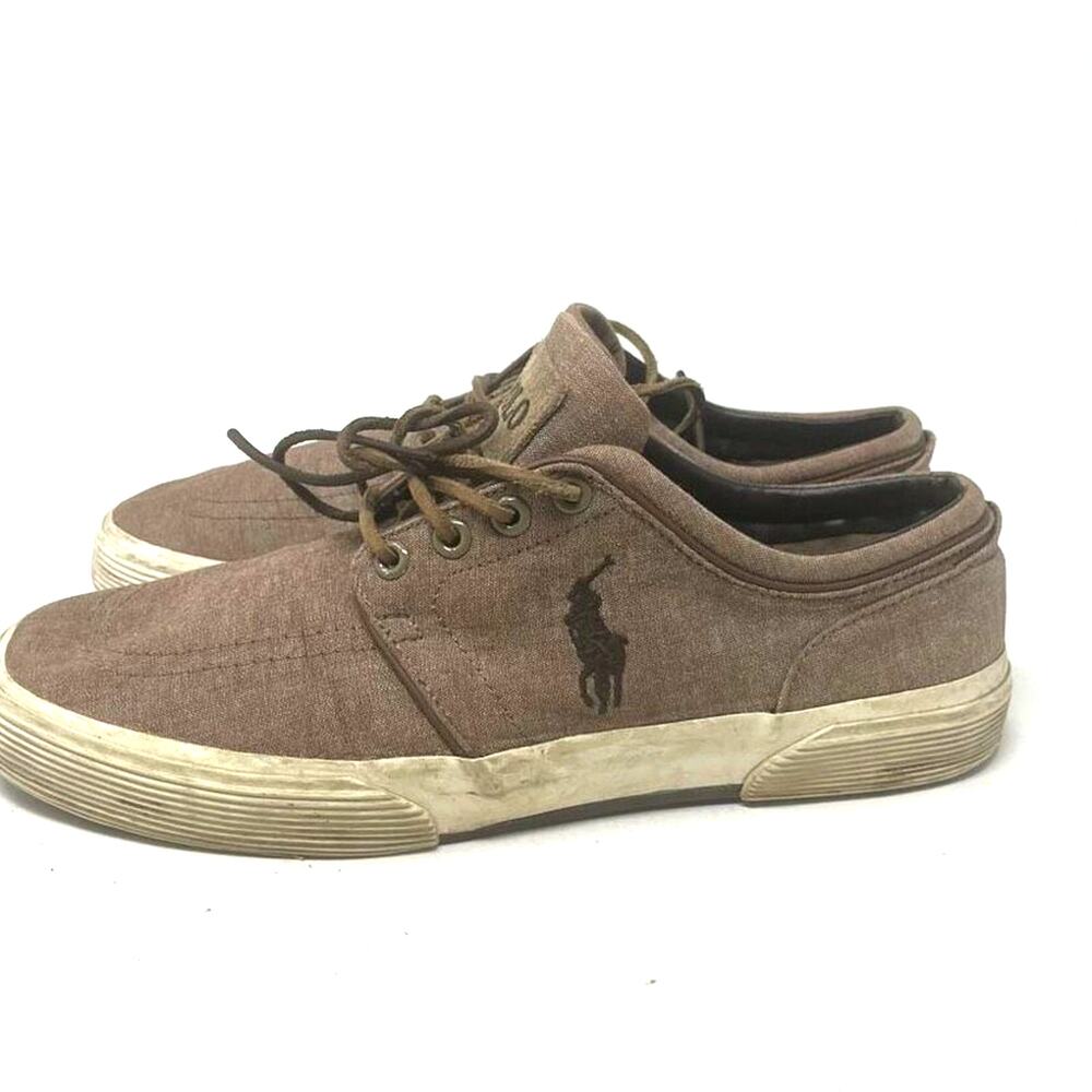 Polo Ralph Lauren Mens Chambray Suede Faxon Canvas Low Sneakers Brown Size 9.5D